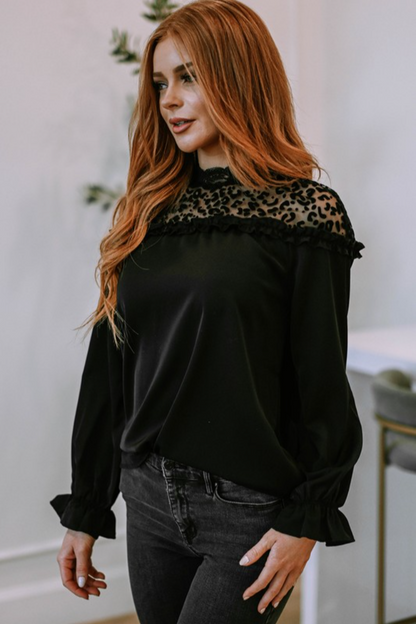 Leopard Lace Ruffle L/S Blouse