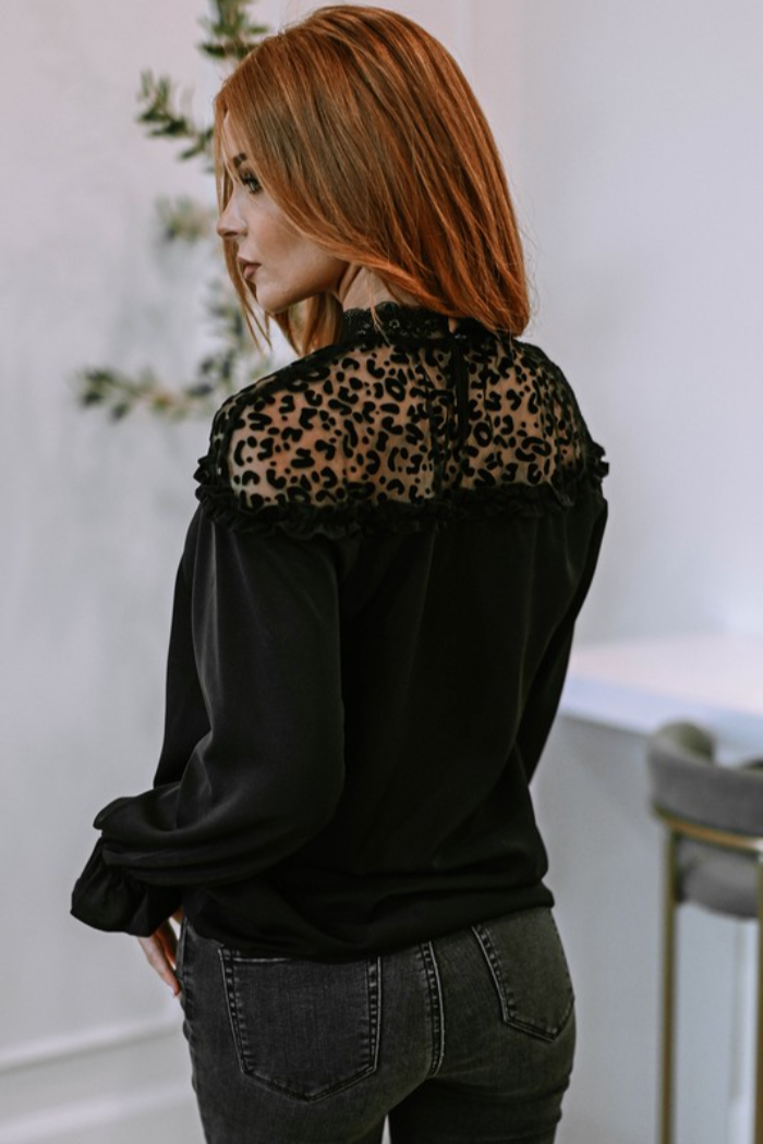 Leopard Lace Ruffle L/S Blouse