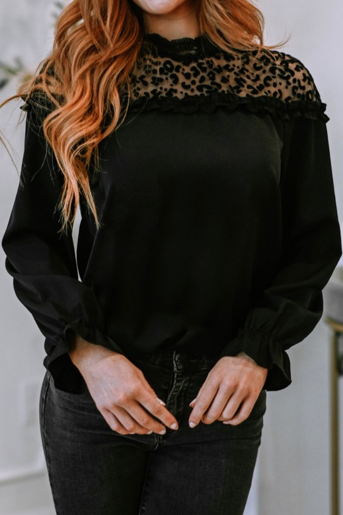 Leopard Lace Ruffle L/S Blouse