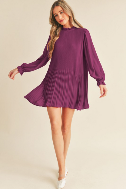 Pleated Ruffle High-Neck Dress