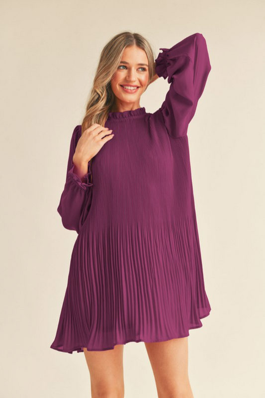 Pleated Ruffle High-Neck Dress