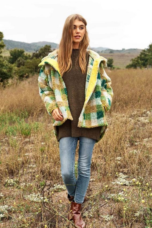 Plaid Contrast Back Spirit Hem Adjusable Jacket