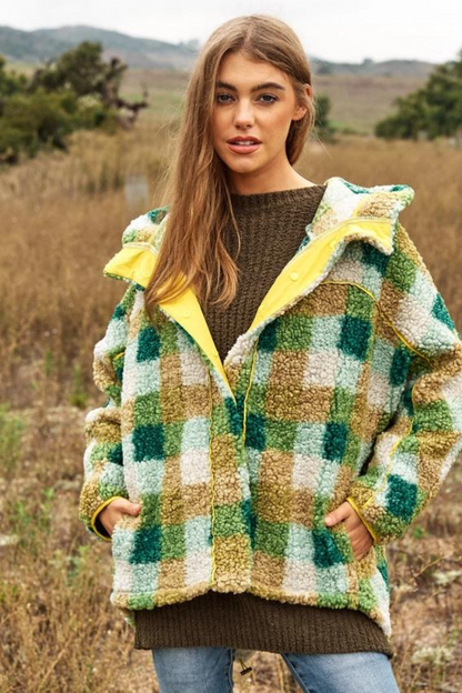 Plaid Contrast Back Spirit Hem Adjusable Jacket