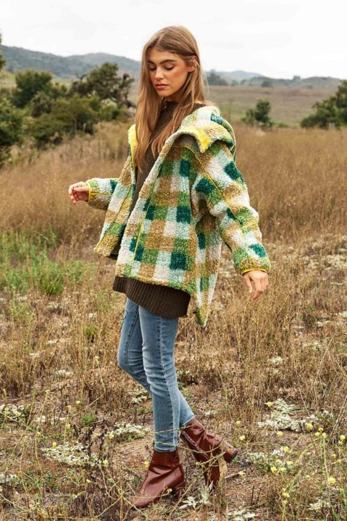Plaid Contrast Back Spirit Hem Adjusable Jacket