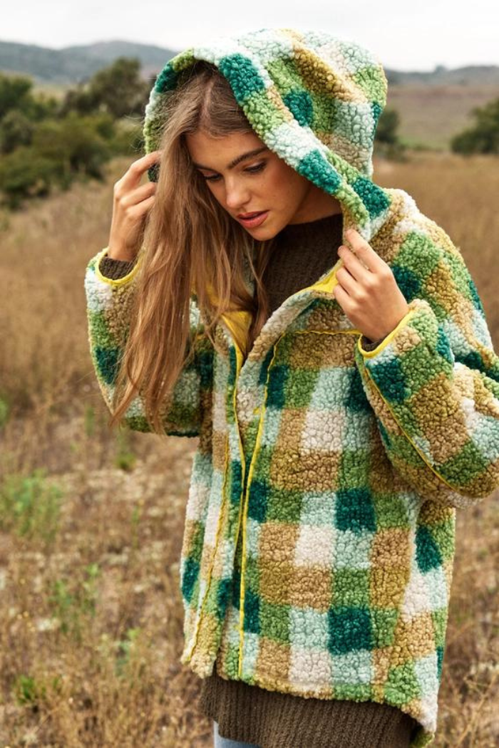 Plaid Contrast Back Spirit Hem Adjusable Jacket