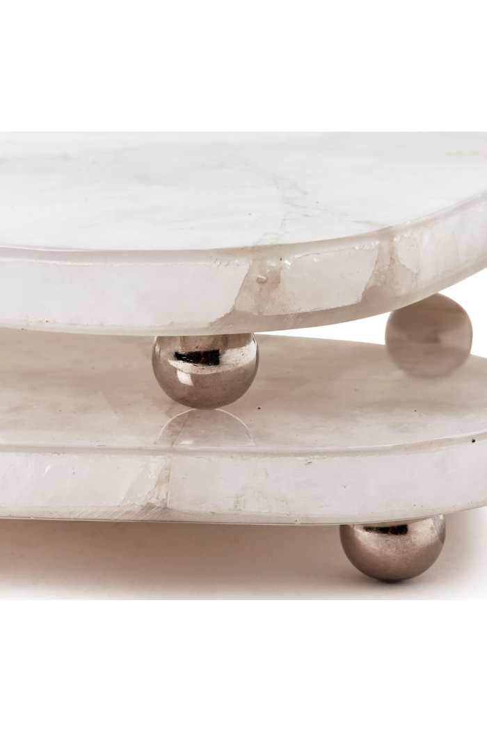 WHITE QUARTZ ROUND EDGE W SILVER FEET 12" W x 7" D x 1" H,