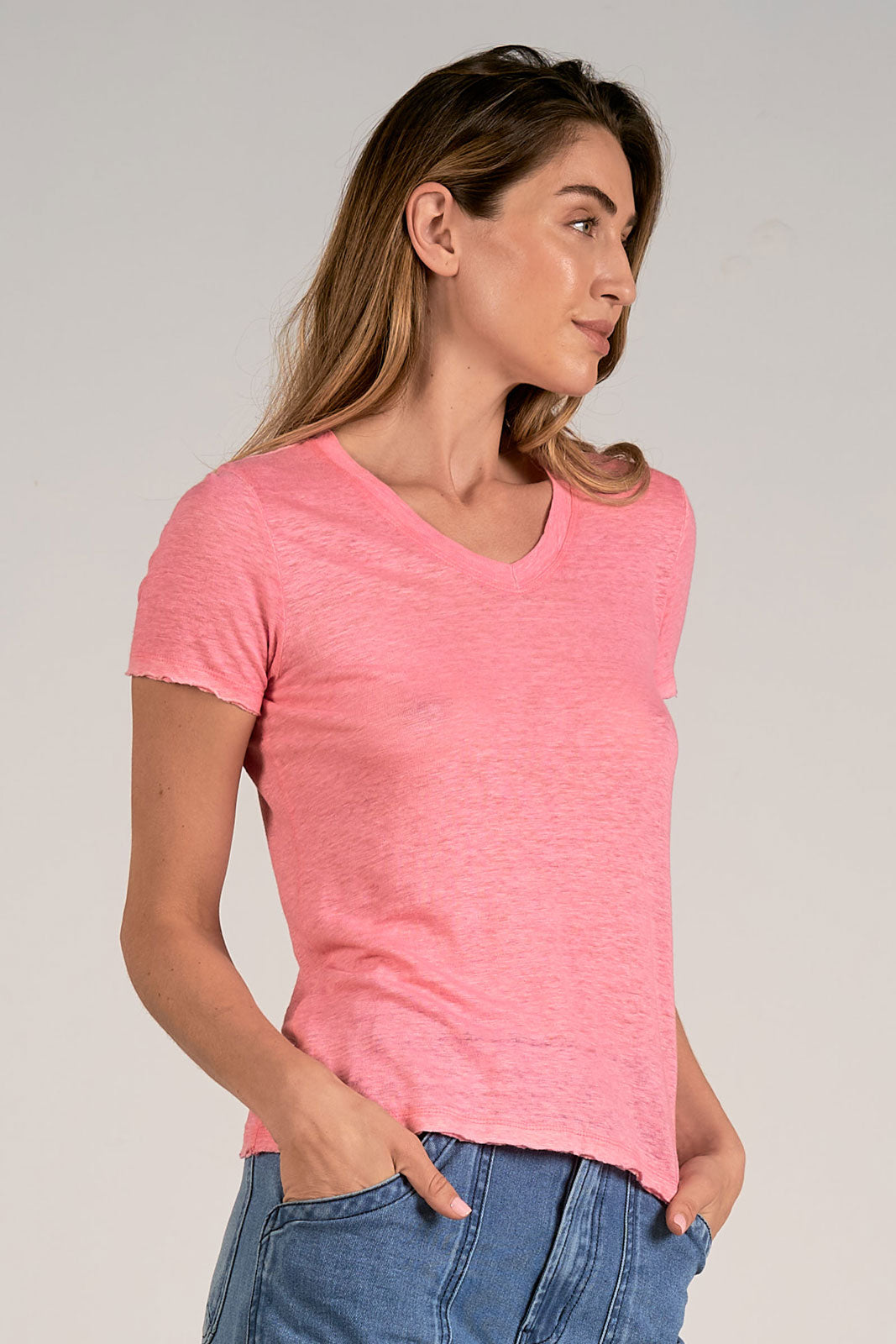 Linen Basic Solid Color V Neck Top