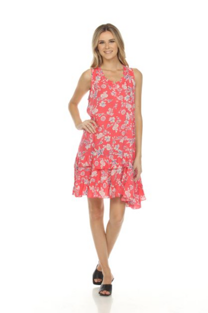Ruffle Trimmed Sleeveless Dress in Coral Lily Print