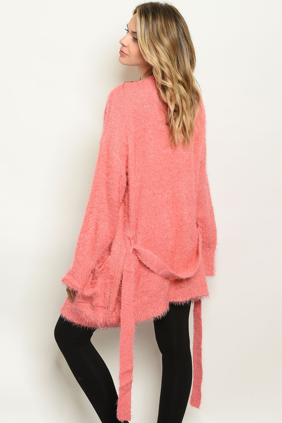 Coral Fuzzy Front Tie Sweater