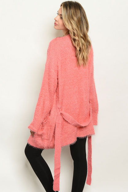 Coral Fuzzy Front Tie Sweater