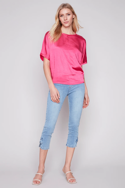 Short sleeve crew neck satin jersey knit