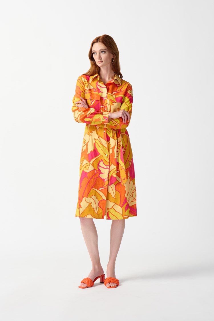 Linen Blend Floral Print Shirt Dress