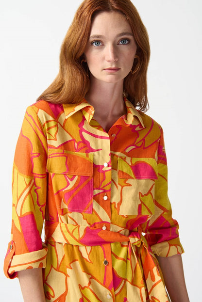 Linen Blend Floral Print Shirt Dress