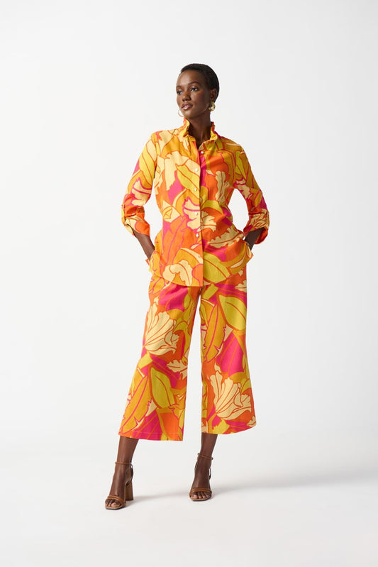 Linen Blend Floral Print Trapeze Blouse