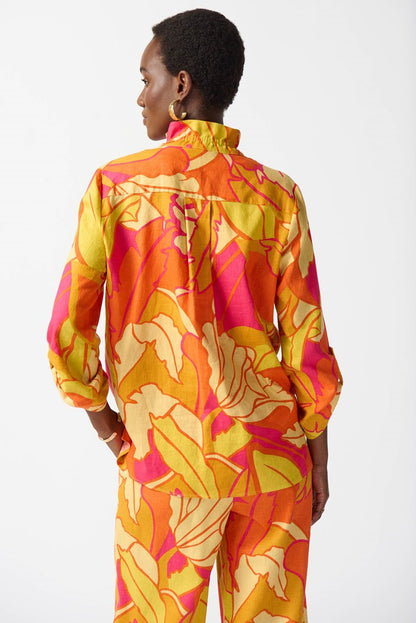 Linen Blend Floral Print Trapeze Blouse