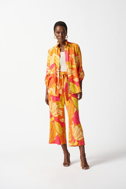 Linen Blend Floral Print Trapeze Blouse