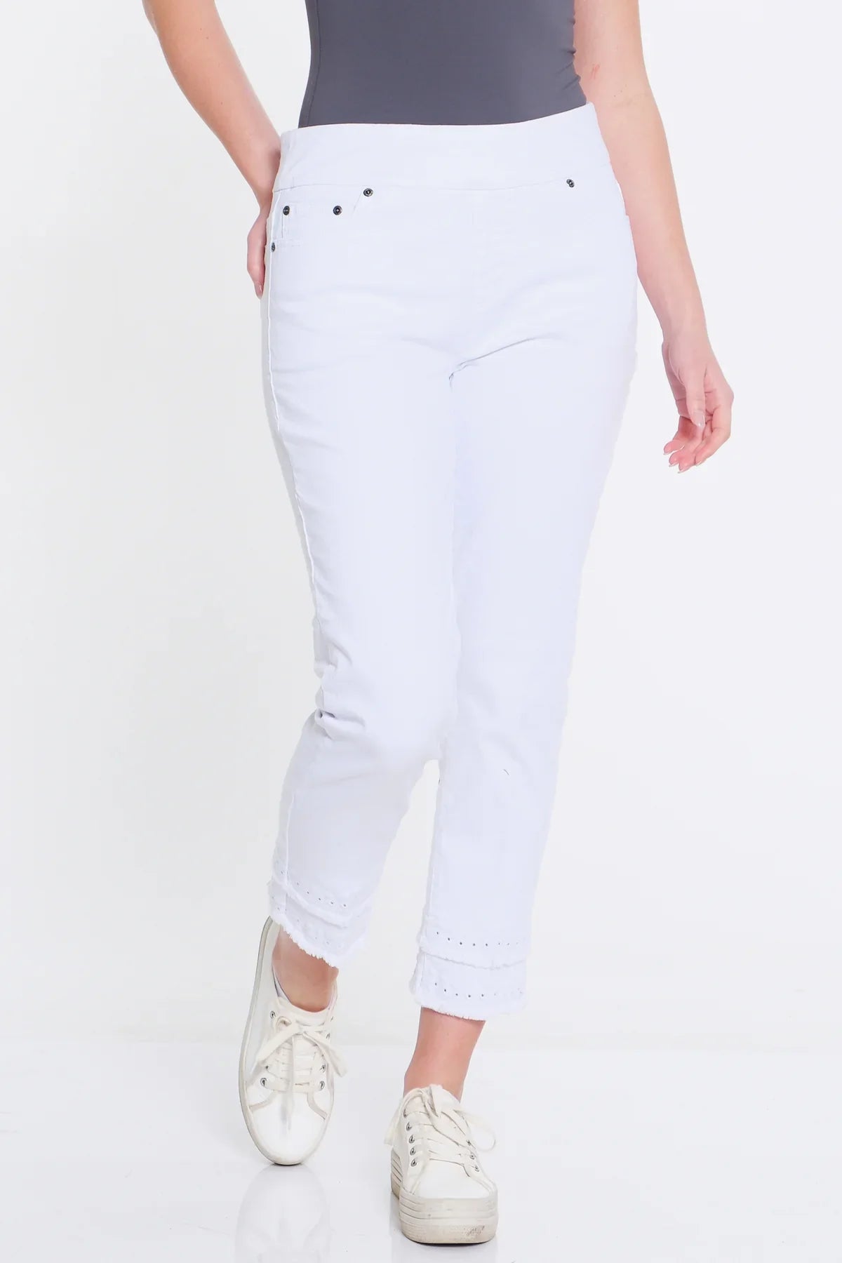 Eyelet and Fringe Hem Jean