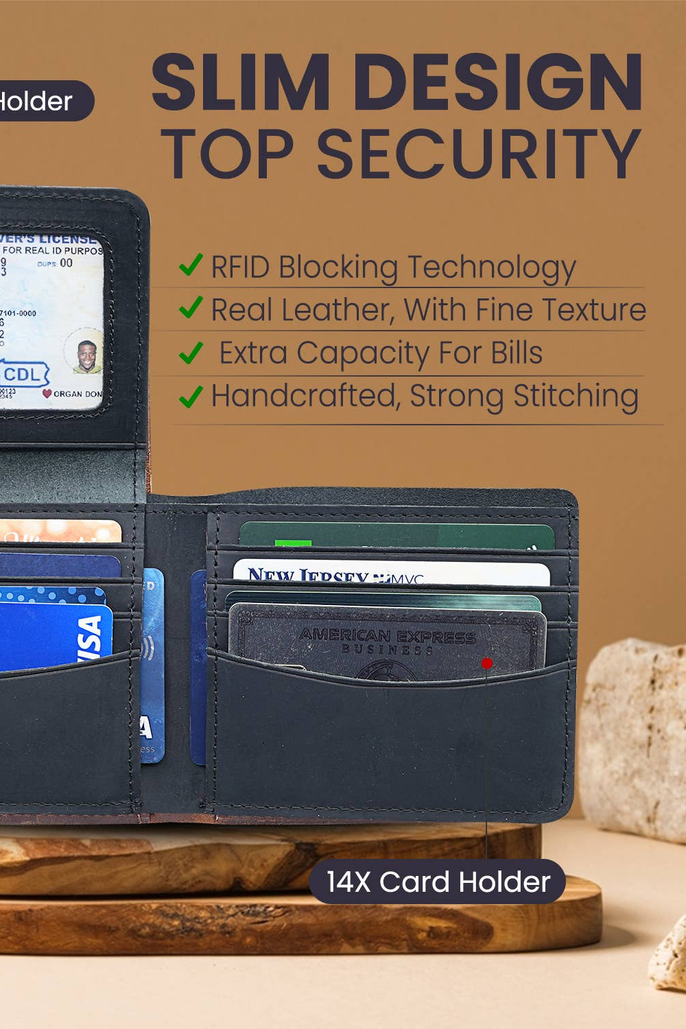 Genuine Leather Wallet for Men with Flap out ID Window