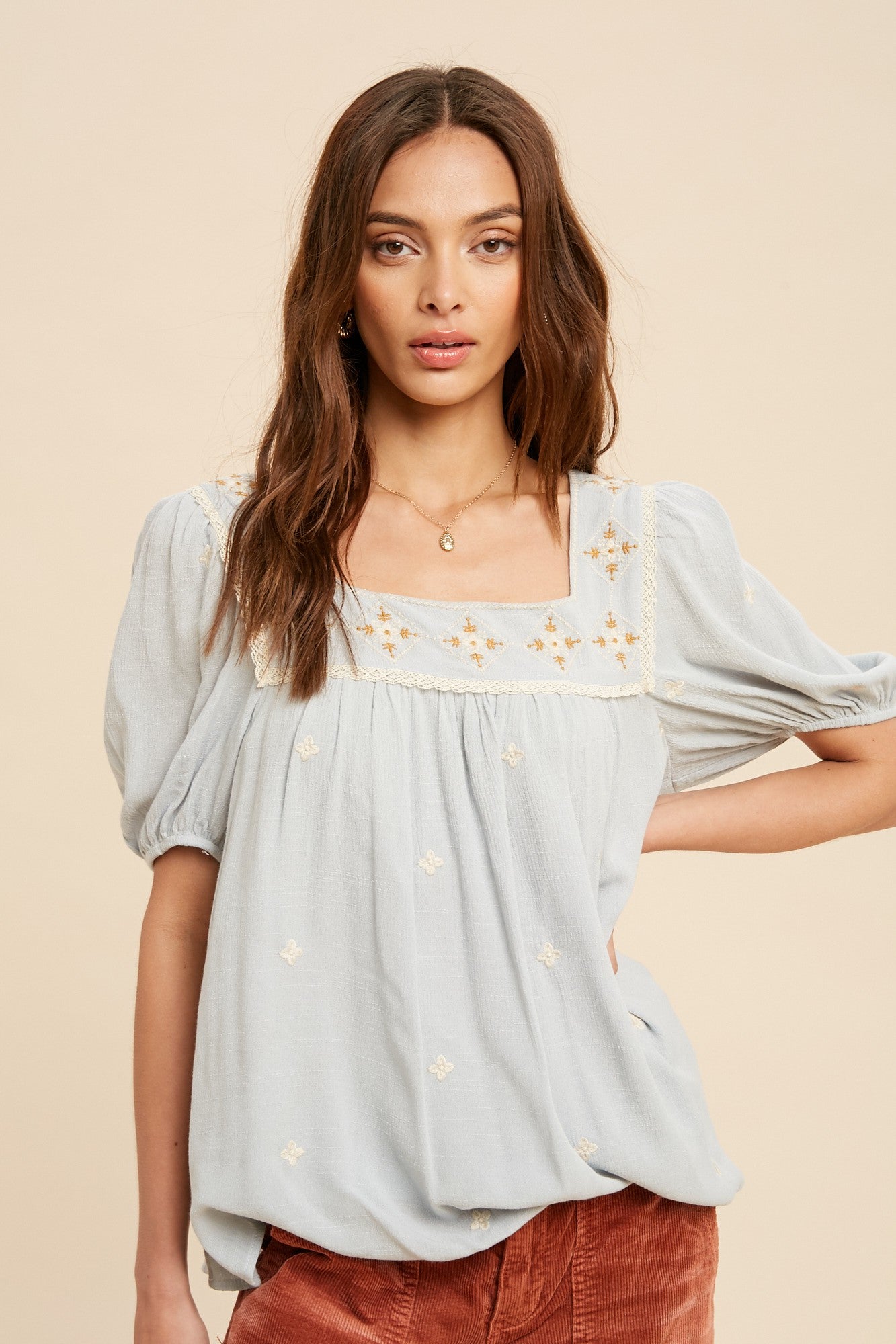 Embroidery Square Neck Blouse