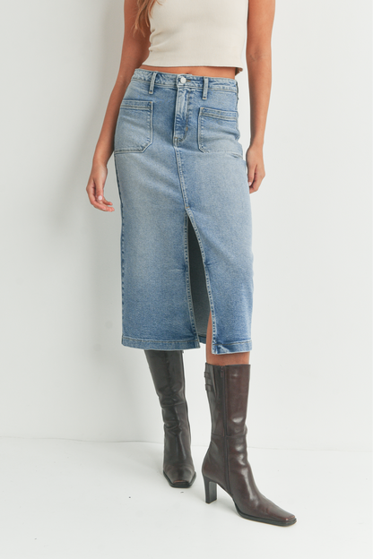 Front Slit Denim Midi Skirt