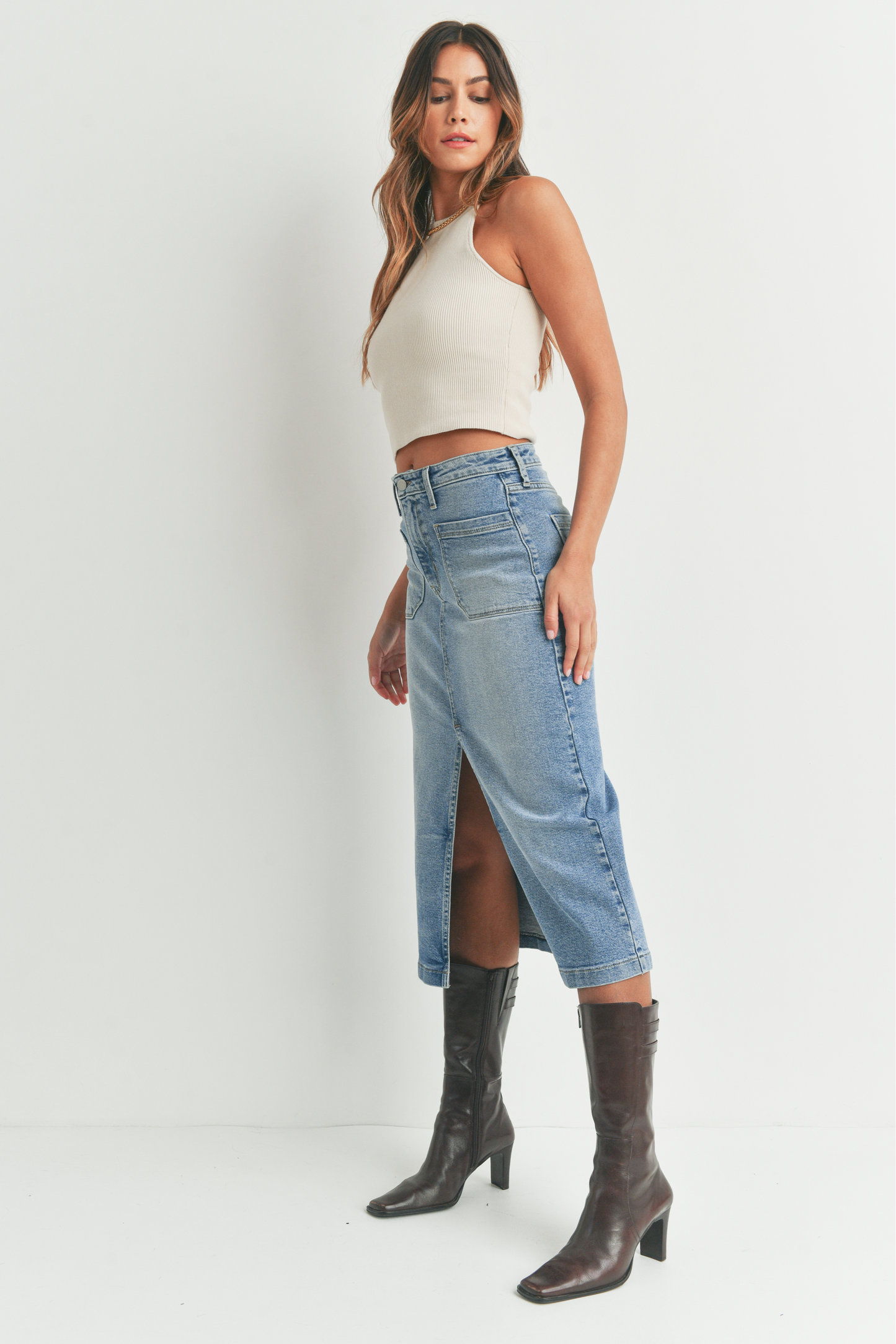 Front Slit Denim Midi Skirt