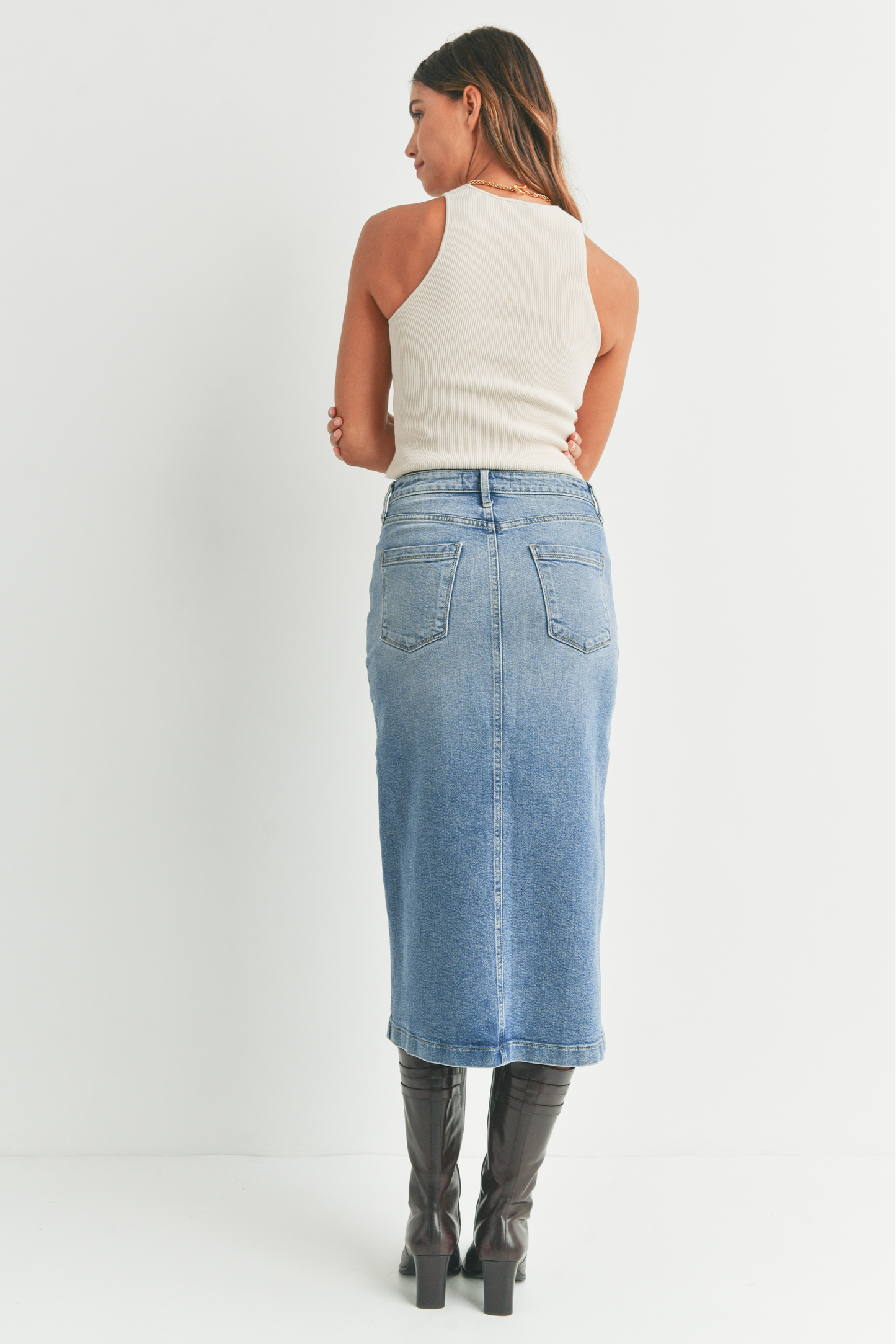 Front Slit Denim Midi Skirt