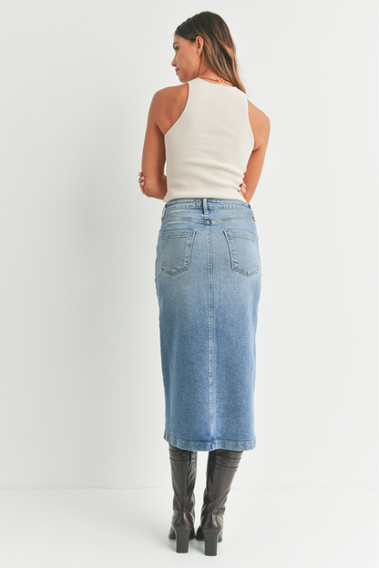 Front Slit Denim Midi Skirt