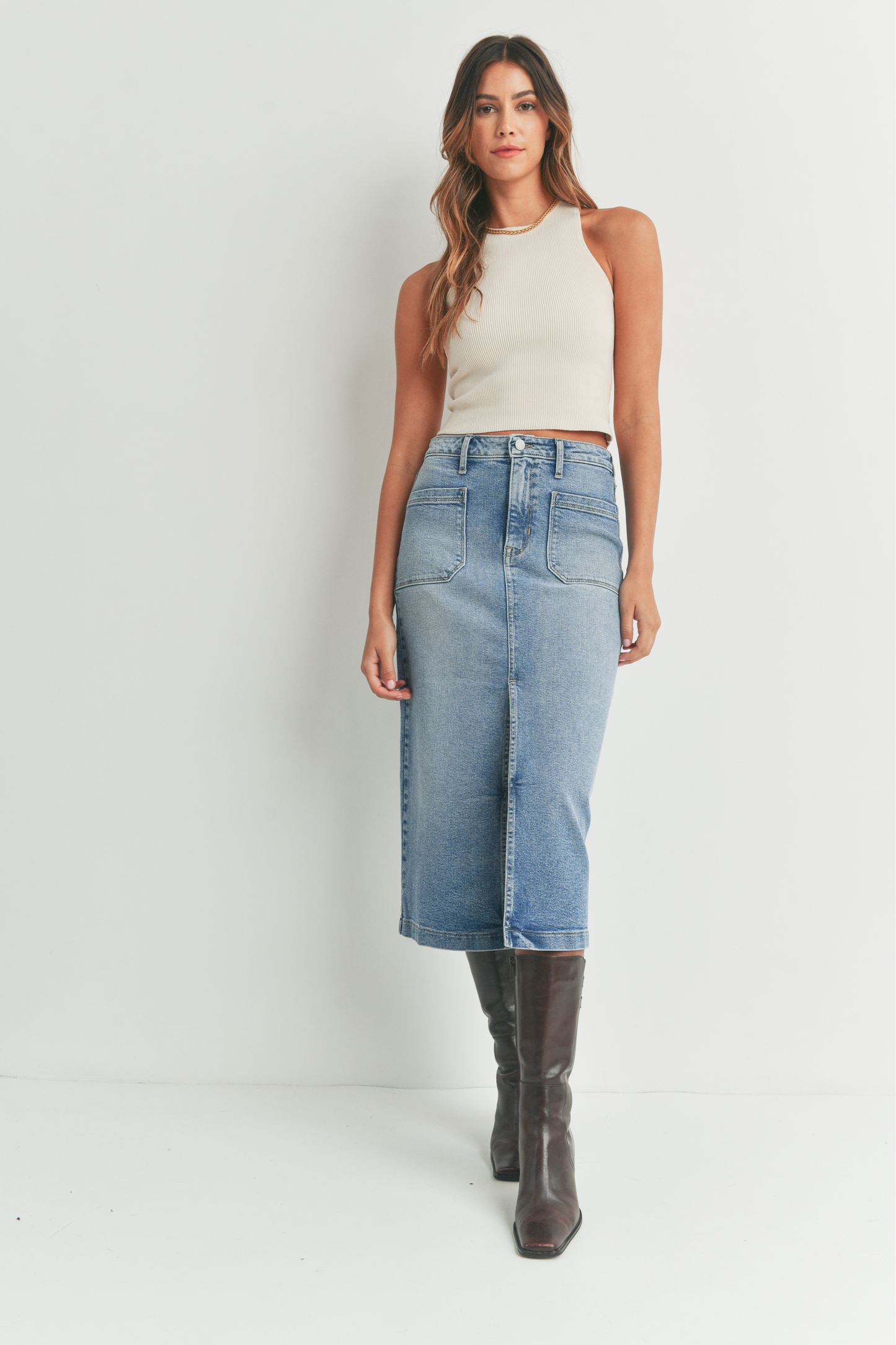 Front Slit Denim Midi Skirt