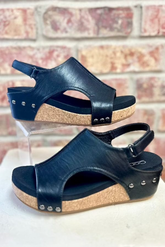 Corkys Volta II Wedge Sandal in Black Smooth
