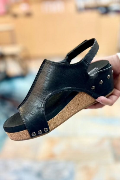 Corkys Volta II Wedge Sandal in Black Smooth