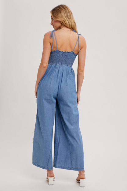 Smocked Denim Jumpsuit