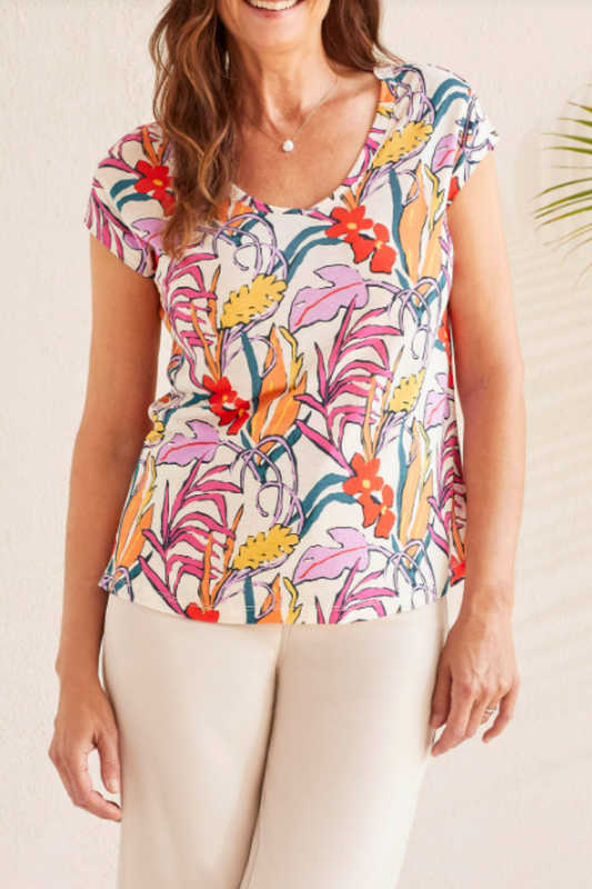 Printed Cap Sleeve V-Neck Top