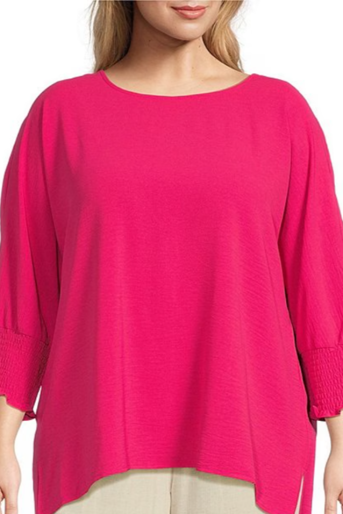 Plus Size Solid Crinkle Woven Crew Neck Smocked 3/4 Dolman Sleeve Top