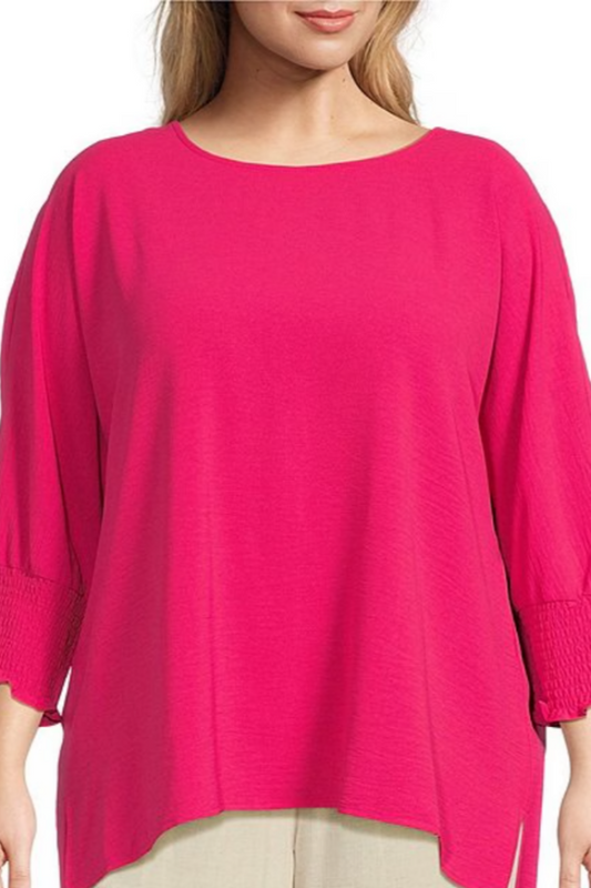 Plus Size Solid Crinkle Woven Crew Neck Smocked 3/4 Dolman Sleeve Top