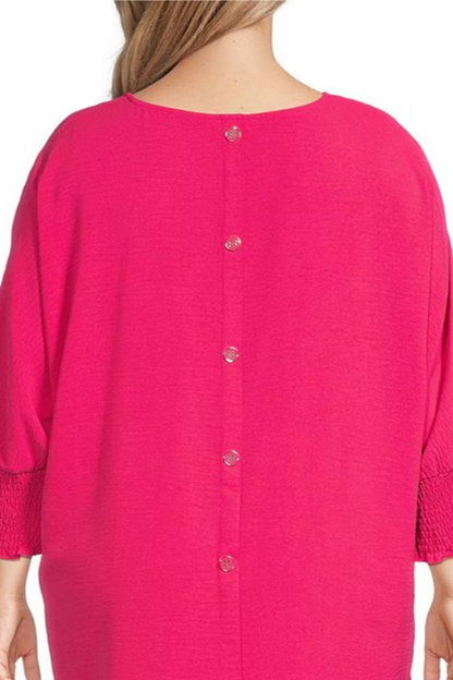 Plus Size Solid Crinkle Woven Crew Neck Smocked 3/4 Dolman Sleeve Top