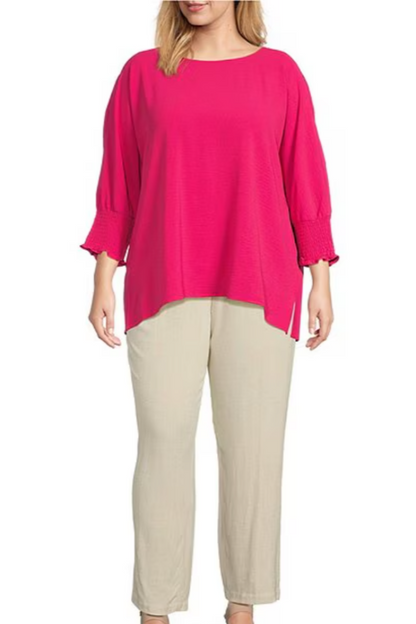 Plus Size Solid Crinkle Woven Crew Neck Smocked 3/4 Dolman Sleeve Top