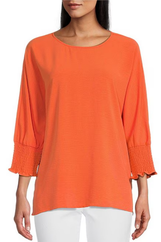 Crinkle Woven Crew Neck Smocked 3/4 Sleeve Top - white only