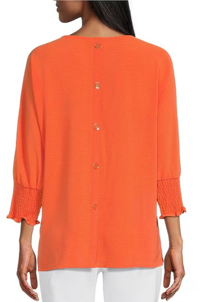 Crinkle Woven Crew Neck Smocked 3/4 Sleeve Top - white only