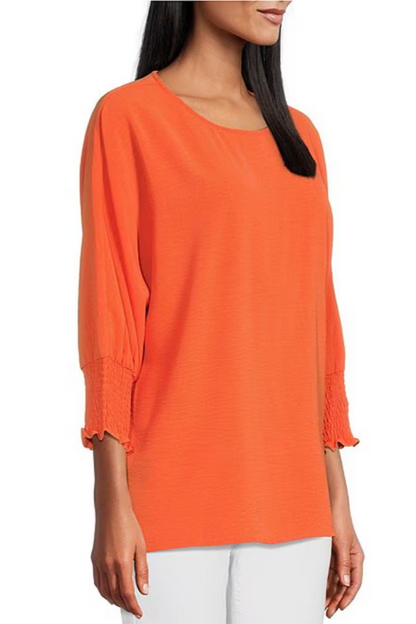 Crinkle Woven Crew Neck Smocked 3/4 Sleeve Top - white only