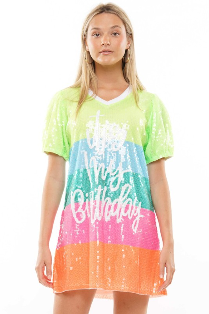 Puff Slv Sequin "Birthday" Dress