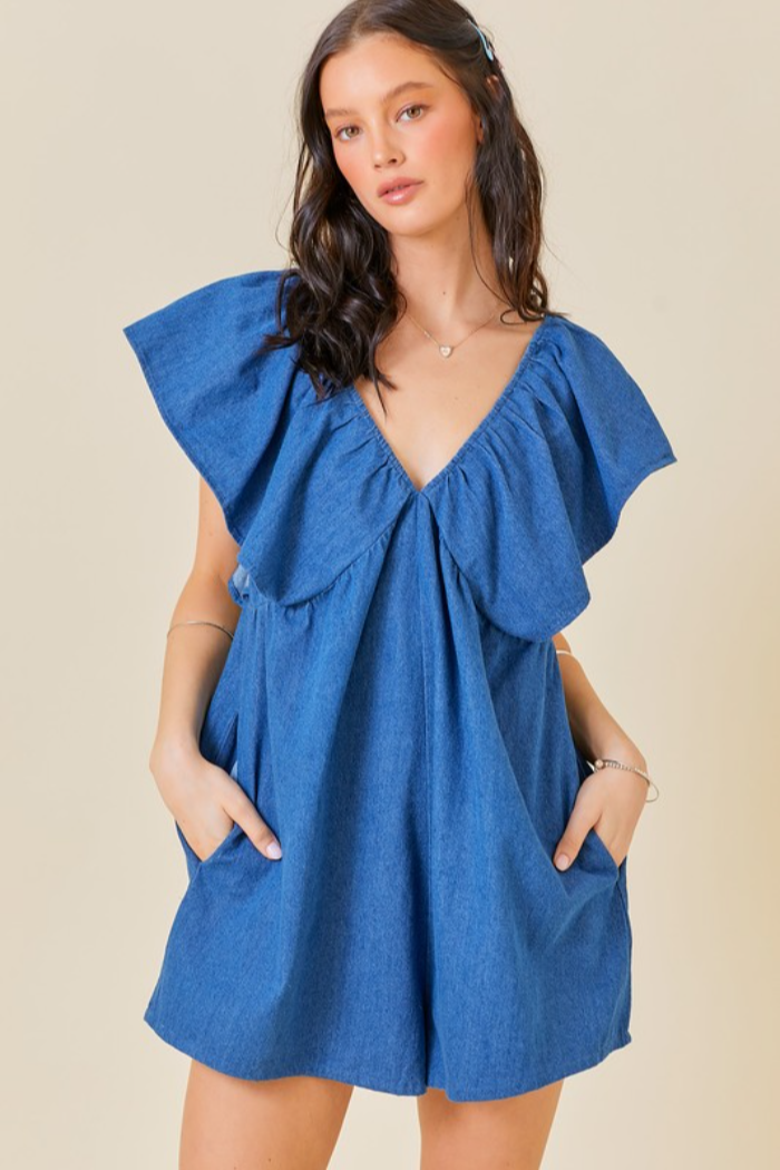 Ruffle Slv V-Neck Romper