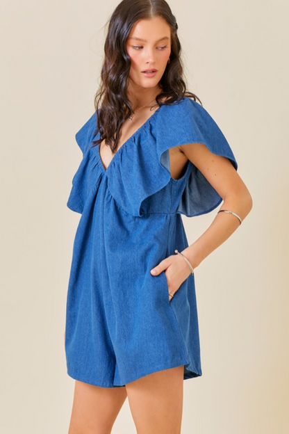 Ruffle Slv V-Neck Romper