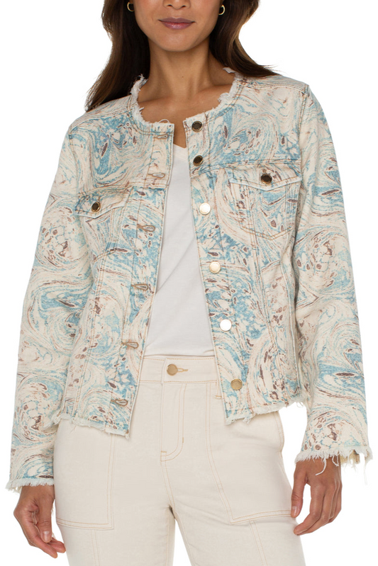 Printed Crop Jacket w/ Fray Hem- Ocean Blue Ecru Marble