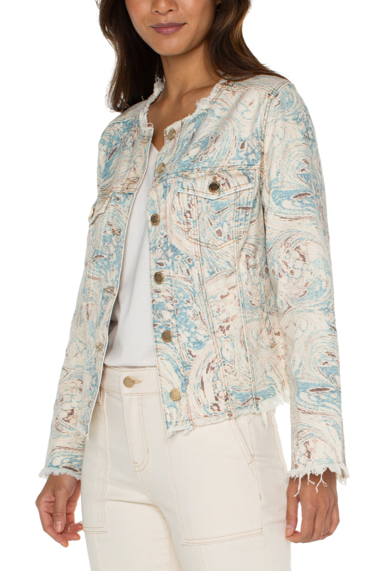Printed Crop Jacket w/ Fray Hem- Ocean Blue Ecru Marble