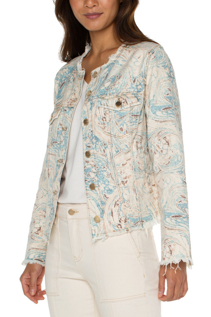 Printed Crop Jacket w/ Fray Hem- Ocean Blue Ecru Marble