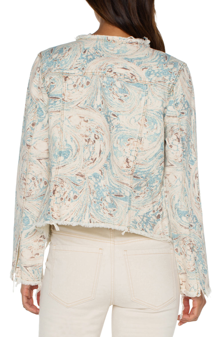 Printed Crop Jacket w/ Fray Hem- Ocean Blue Ecru Marble