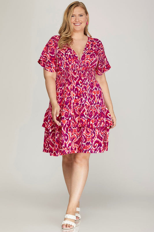 Drop Shoulder Short Sleeve Woven Print Dress