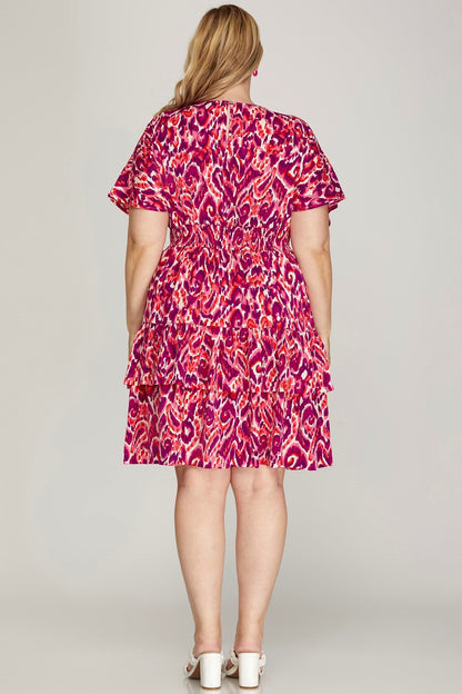Drop Shoulder Short Sleeve Woven Print Dress