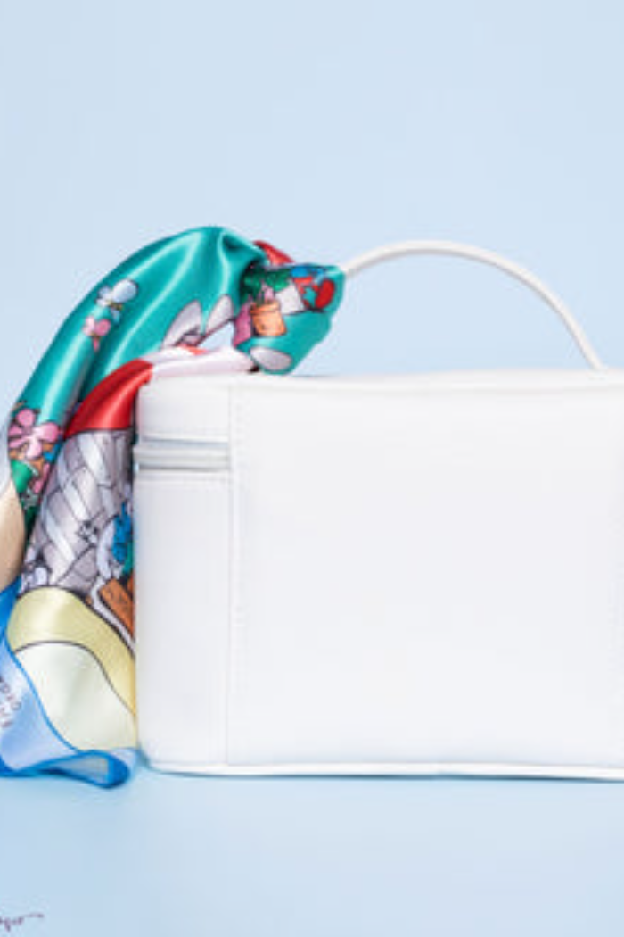FHF Vegan Leather Cosmetic Bag with Smurf Village Silk Scarf