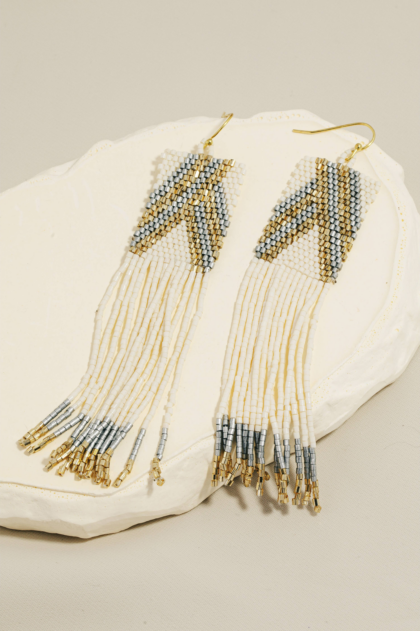 Rectangular Boho Seed Beaded Fringe Dangle Earrings
